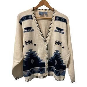 Beyond Blue Sweater Cardigan Cream/Blue-Southwestern-Ramie Cotton-Vintage